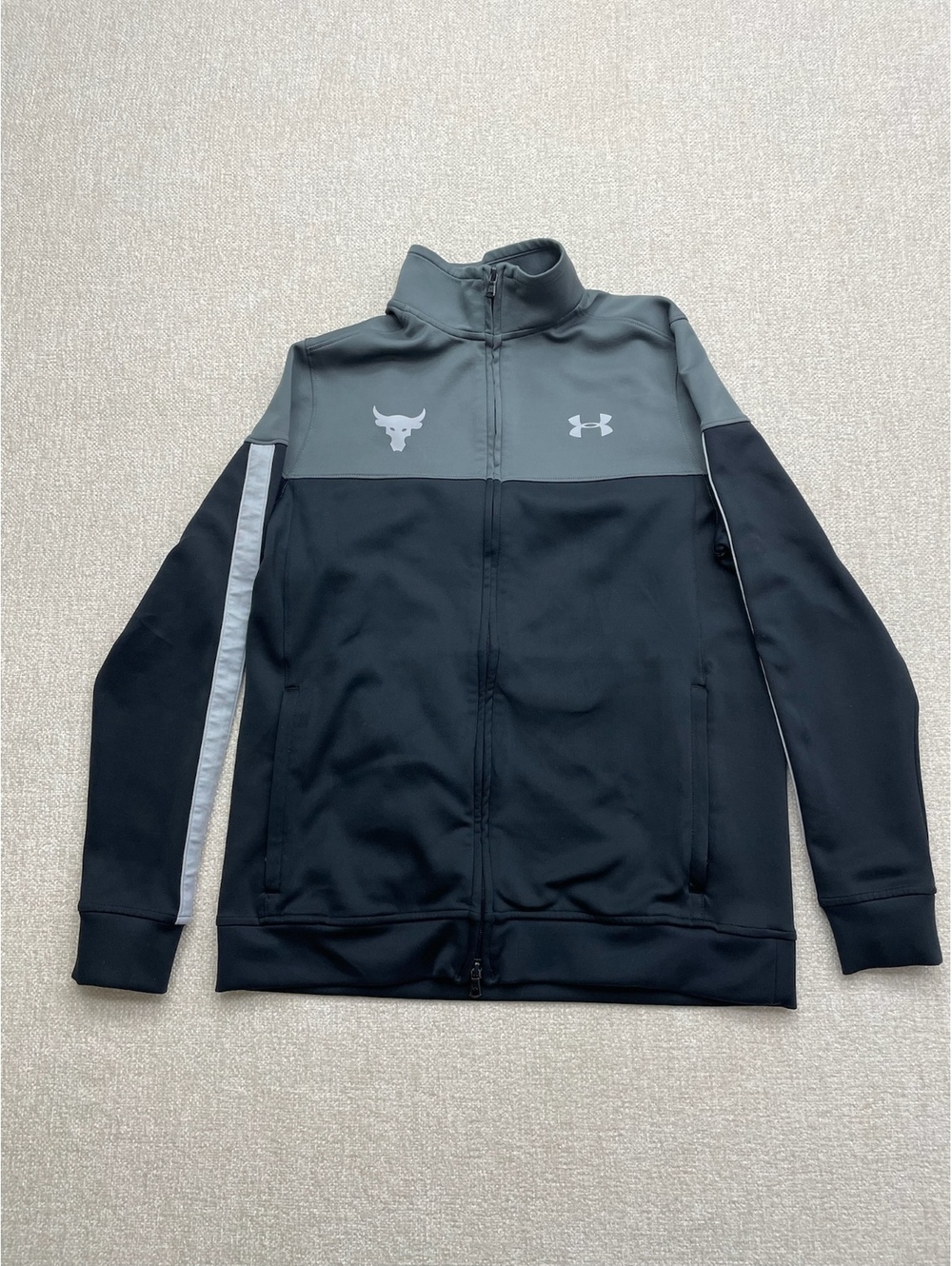 Under Armour Project Rock Track Jacket in Black and Gray, Size Small